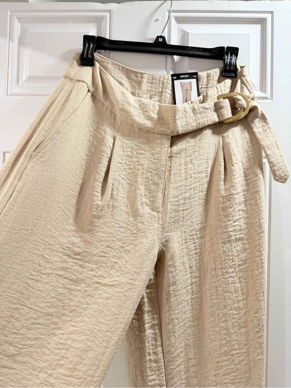 DKNY Beige Pleated Wide-Leg High-Waist Pants with Self-Tie Buckle